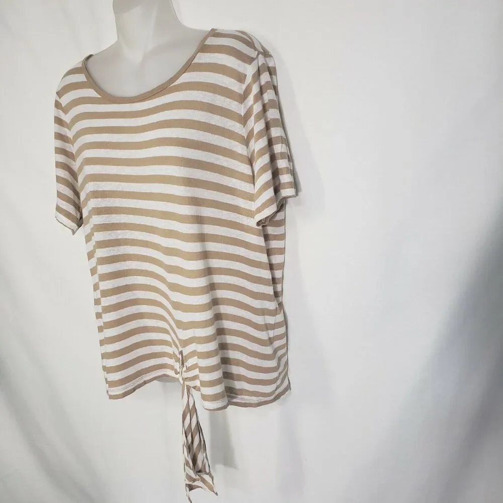 Michael Kors Women's Top Large Striped Linen Blend Beige Front Tie Short Sleeve
